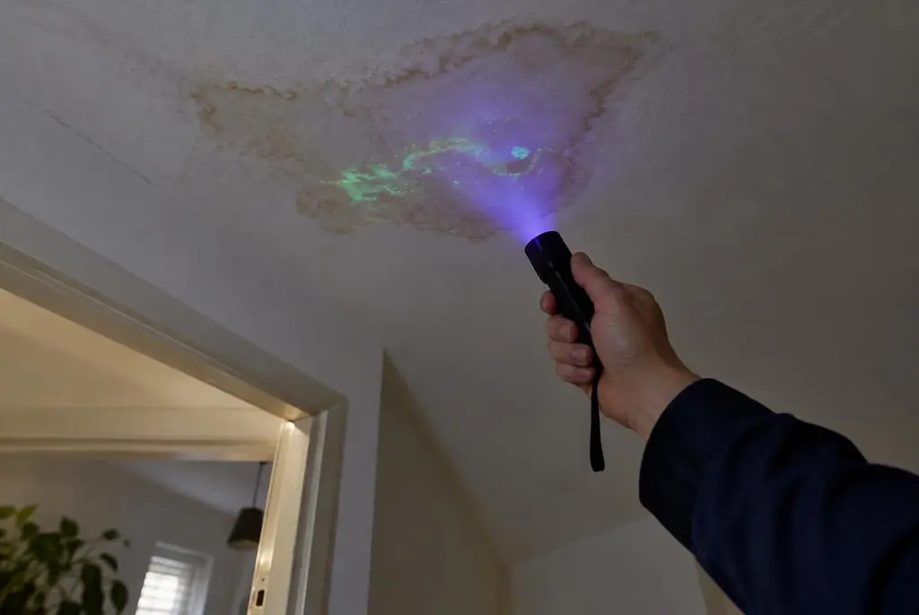 Lekdetectie Apeldoorn – kleurstof controleren op het plafond met uv-licht