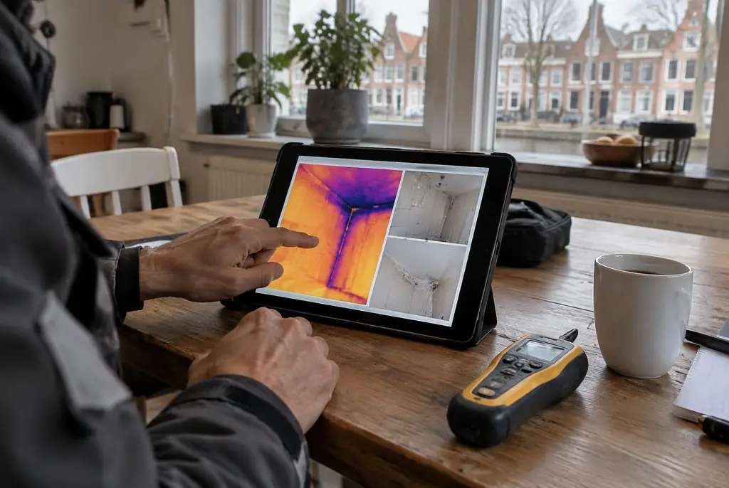 Lekdetectie Apeldoorn – lekdetectierapport met warmtebeelden en foto's op een tablet