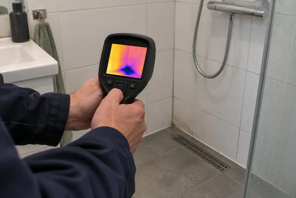 Lekdetectie Apeldoorn – lekdetectiespecialist met warmtebeeldcamera in een badkamer