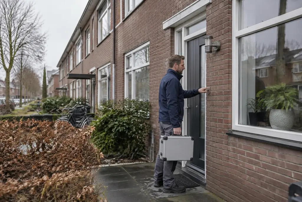 Lekdetectiespecialist met meetkoffer bij de voordeur van een woning in Apeldoorn